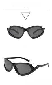 Front and side views of chunky black sports sunglasses with gray lenses for cycling
