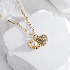 Collier Pendentif Coquillage Künstliche Perle Acier Inoxydable 304 Plaqué Or 18K Zircon Micro Pave Bijoux De Mode Pour Femmes