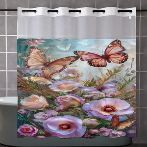 Detail des Blumen- und Schmetterlingsdrucks auf wasserdichtem Duschvorhang mit Ösen