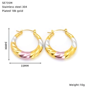 Detail view of gold-plated stainless steel hoop earrings with 33MM by 34MM dimensions