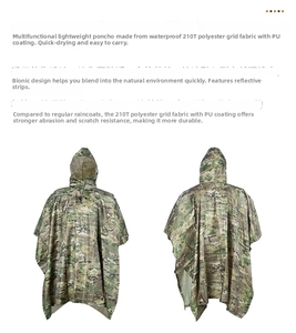 Detail of waterproof 210T polyester camo raincoat with PU coating and safety reflective strip