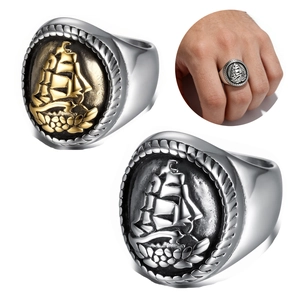 Vintage Men Signet Ring 316L Stainless Steel Nautical Sailing Boat Relief Punk Hip Hop Jewelry Accessory