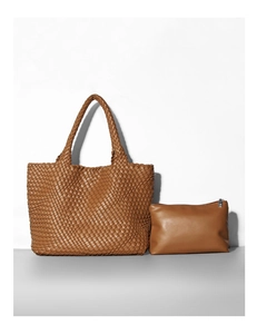 Detail of caramel woven tote bag with matching smooth leather zipper pouch set
