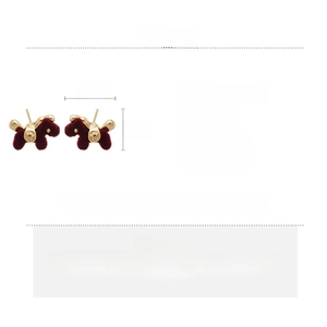 Detailed view of burgundy flocked puppy earrings with size marks and gold alloy accents