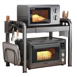 Black double-tier kitchen rack for microwave and oven with side hooks and organizers