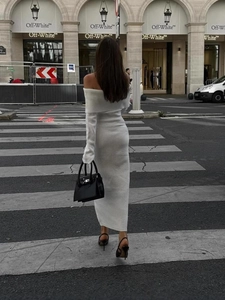 Elegant white off-shoulder knitted midi dress with slim fit and long sleeves for women