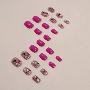 Short square press-on nails with rose red floral patterns and elegant matte finish