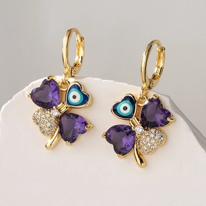 Four Leaf Clover Evil Eye Hoop Earrings Copper Gold Plated Heart Gemstone Zircon Crystal Enamel Lucky Jewelry For Women