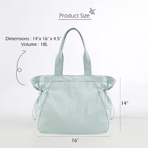 Light blue nylon tote bag for yoga with 18L volume and 14 x 16 x 4.5 inch dimensions
