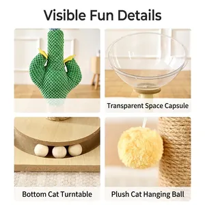 Multifunctional cactus cat tree with transparent space capsule and interactive turntable
