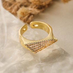 Luxury 18K gold-plated geometric open ring with sparkling rows of zircon crystals