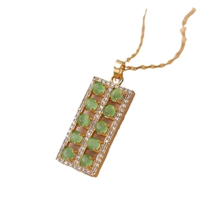 Golden titanium steel necklace with rectangular green gemstone pendant and zircon accents