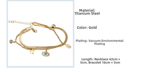 Macro view of gold titanium evil eye necklace and bracelet set with stars and zircons