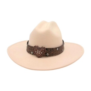 Detail of beige felt fedora with heart-shaped crystal buckle and studded leather band