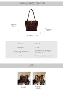 Size guide for the woolen tote bag showing dimensions and plaid fabric details