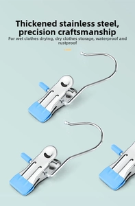 Detail of stainless steel clips with blue non-slip coating for laundry and closet storage
