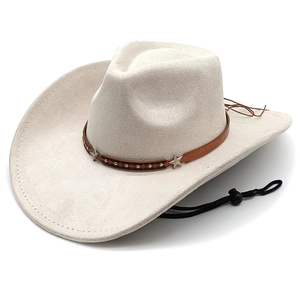 Detail of beige felt cowboy hat with leather rivet band and adjustable wind rope