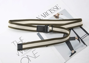 Detail of striped canvas belt with army green and beige weaving and black D-ring buckle