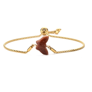 Adjustable gold box chain bracelet featuring a brown goldstone butterfly pendant charm
