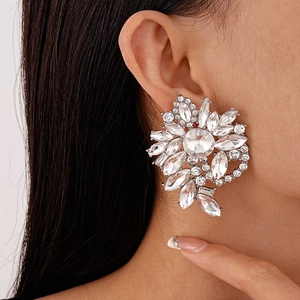 Elegant silver-tone oversized crystal flower earrings with sparkling rhinestone clusters