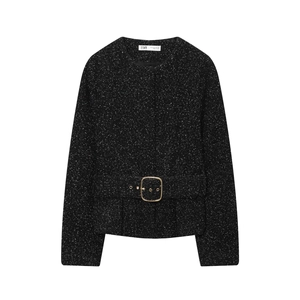 Veste en tweed noir et blanc pour femme avec ceinture à boucle dorée et texture chic