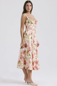 Side view of elegant midi slip dress with pink rose floral print and vintage corset bodice