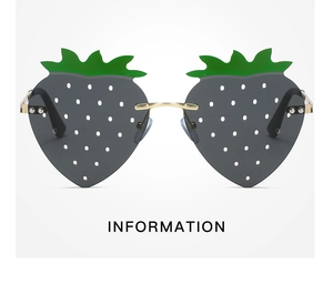 Macro detail of strawberry-shaped sunglasses with metal temples and white dotted lenses