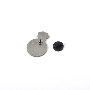 Back view of silver metal chemistry brooch with a black rubber butterfly clutch pin