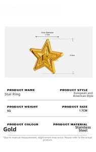 Detailed size specifications of the gold star ring in stainless steel with measurements