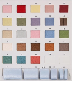 Satin ribbon color chart showing 30 shades and width variations from 1cm to 2.5cm
