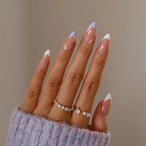 Plastic French Press On Nails Almond Shape Small Daisy Floral Pattern Glossy Elegant False Nail Tips For Women Manicure