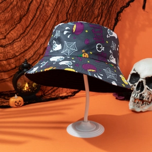 Detailed Halloween bucket hat with colorful pumpkin, ghost, and spider web patterns