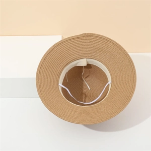 Straw sun hat with wide brim, interior sweatband and adjustable rope for women