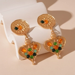 Vintage gold textured floral heart earrings with multi-colored gemstones in French style