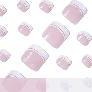 Glossy white French line design short square press-on toenails with light pink base