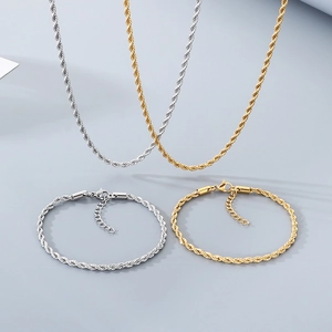 Polished stainless steel twist chain set with two necklaces and bracelets in gold and silver