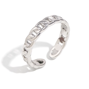 Minimalist silver chain link open ring in stainless steel with polished metallic finish