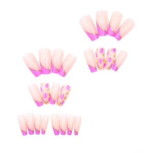 French tip press-on nails with purple gold foil design in long ballerina coffin shape