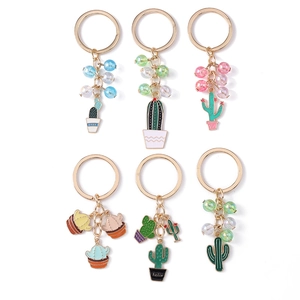 Set of 6 pastoral style cactus keychains with colorful beads and gold metal rings