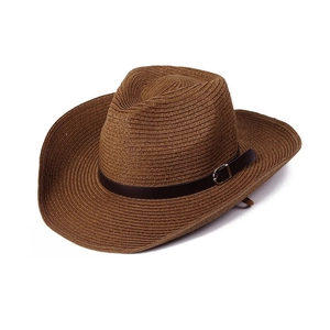 Classic dark brown men's wide-brim straw sun hat with leather band and vintage buckle