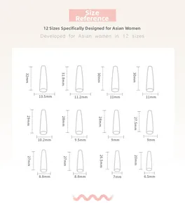 Size chart showing 12 different dimensions for long ballet-style coffin false nails
