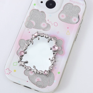 Y2K liquid metal heart mirror phone case with pink glitter bear and gemstone