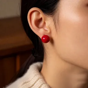 French vintage red round stud earrings for women with a minimalist polished finish