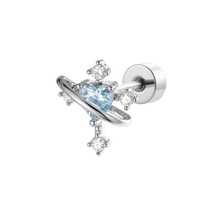 Silver cross heart cartilage stud with light blue zircon and flat back screw design