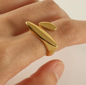 Close-up of a 18k gold-plated geometric adjustable ring worn on a hand
