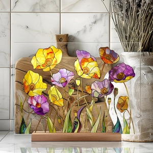 Floral acrylic desktop plaque with vibrant yellow and purple blooms on wooden base