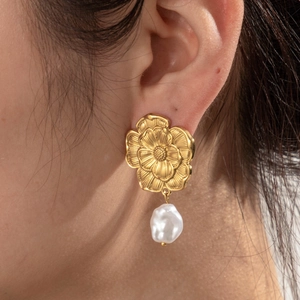 French vintage style golden flower earrings with white irregular pearl drops for women