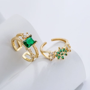 Adjustable Copper Ring 18K Gold Plated Green Cubic Zirconia Minimalist Vintage Aesthetic Jewelry For Women Girls