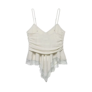 Elegant off-white satin camisole with delicate lace trim and adjustable spaghetti straps