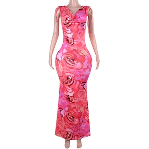 Vista frontale dettagliata dell'abito lungo con stampa di rose rosa, scollo a V e vestibilità slim